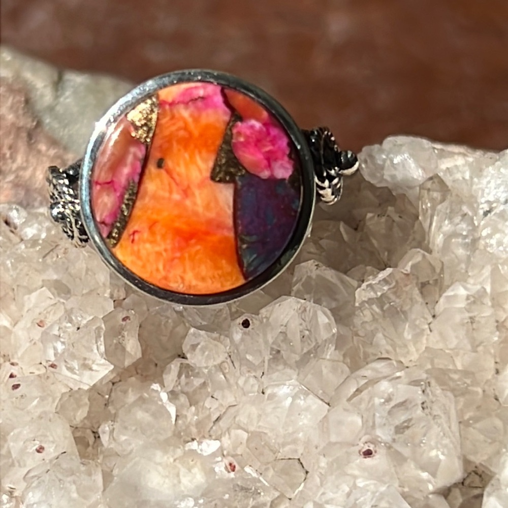 KINGMAN ORANGE DAHLIA TURQUOISE 925 STERLING SILVER RING, SIZE 7.75